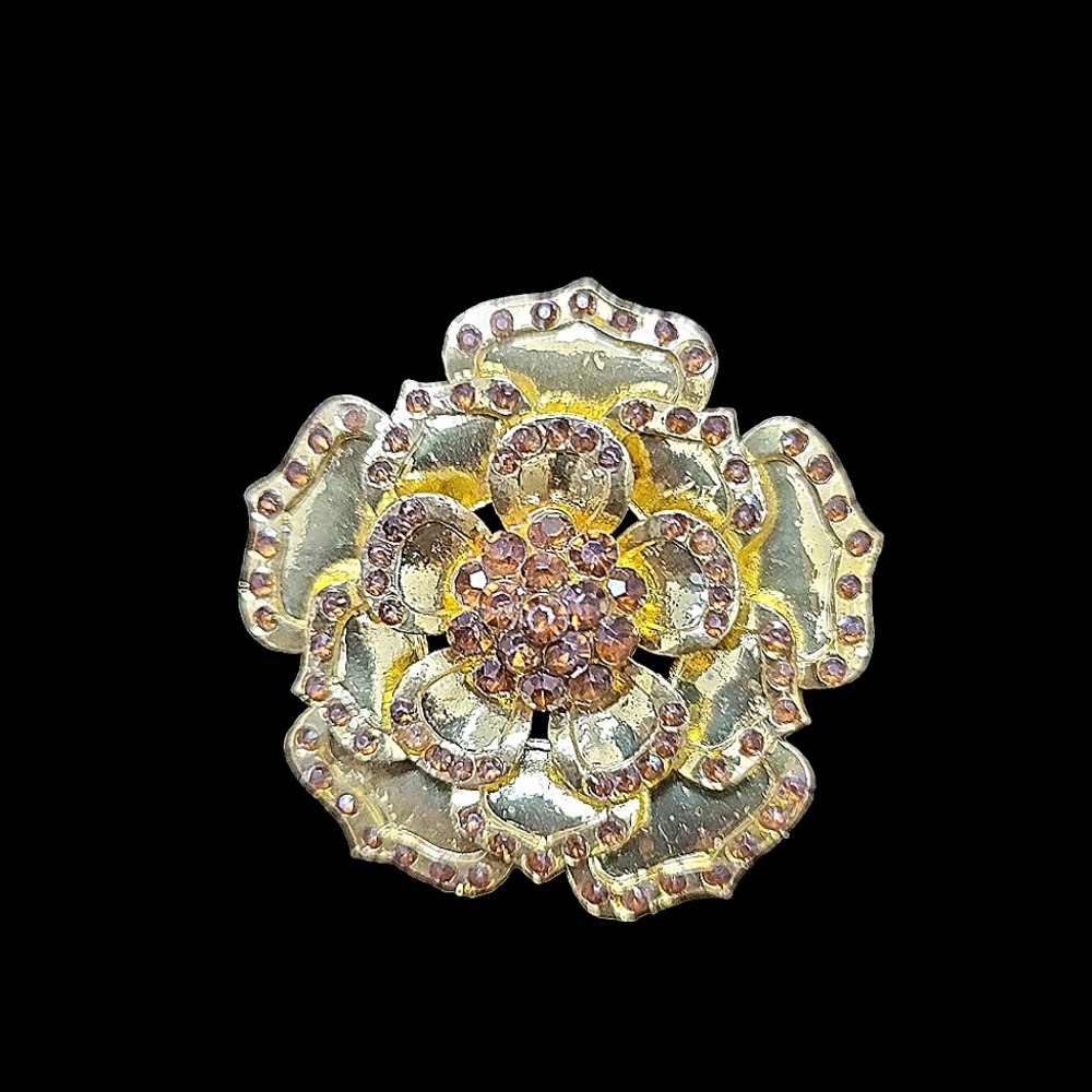Vintage Goldtone Flower Brooch Pin with Topaz Colored Rhinestones 2" Diameter